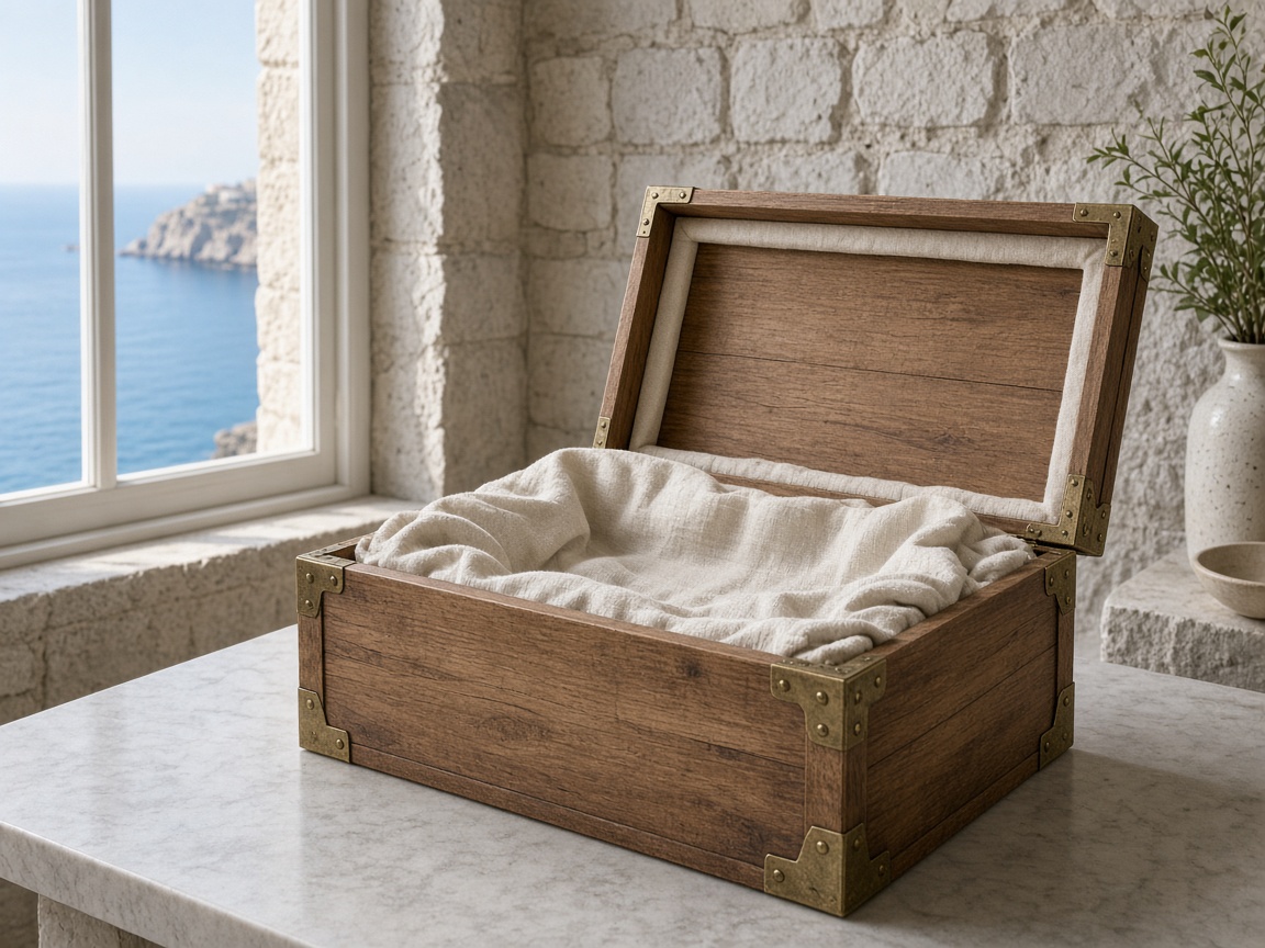 An open crate lined with cloth